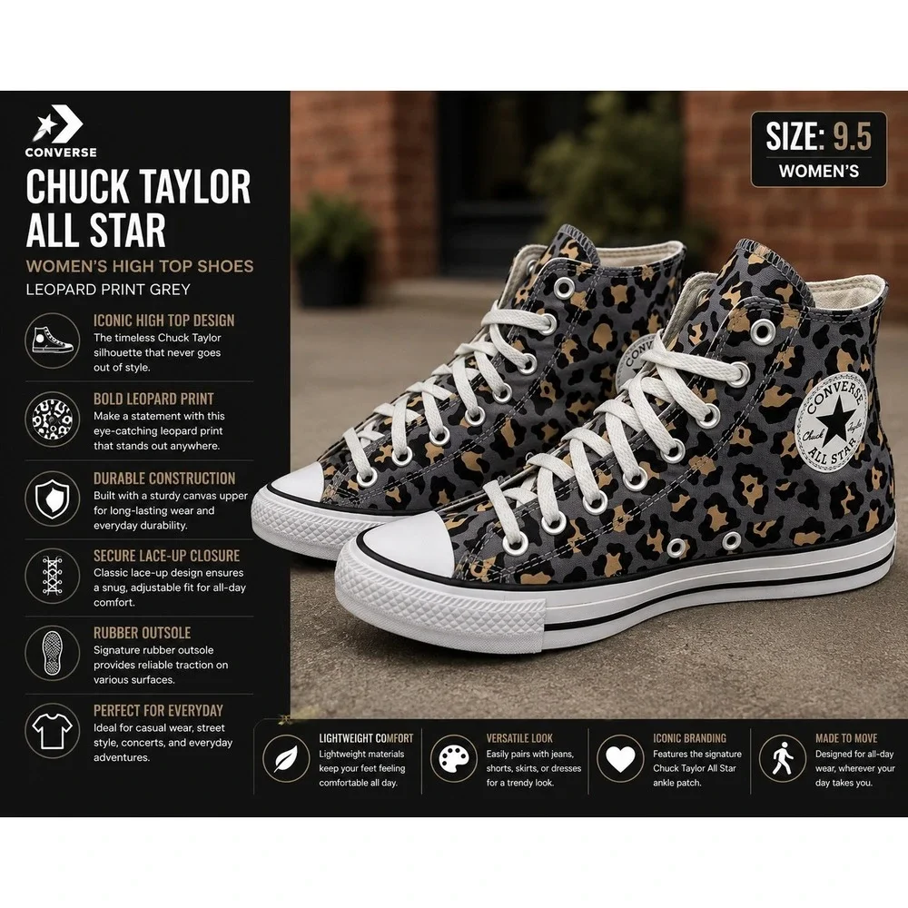 Converse Chuck Taylor All Star Womens 9.5 Leopard Animal Print High Tops 568200F
